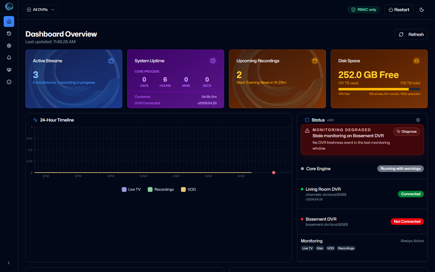ChannelWatch dashboard showing a degraded DVR freshness warning and disk warning demo state