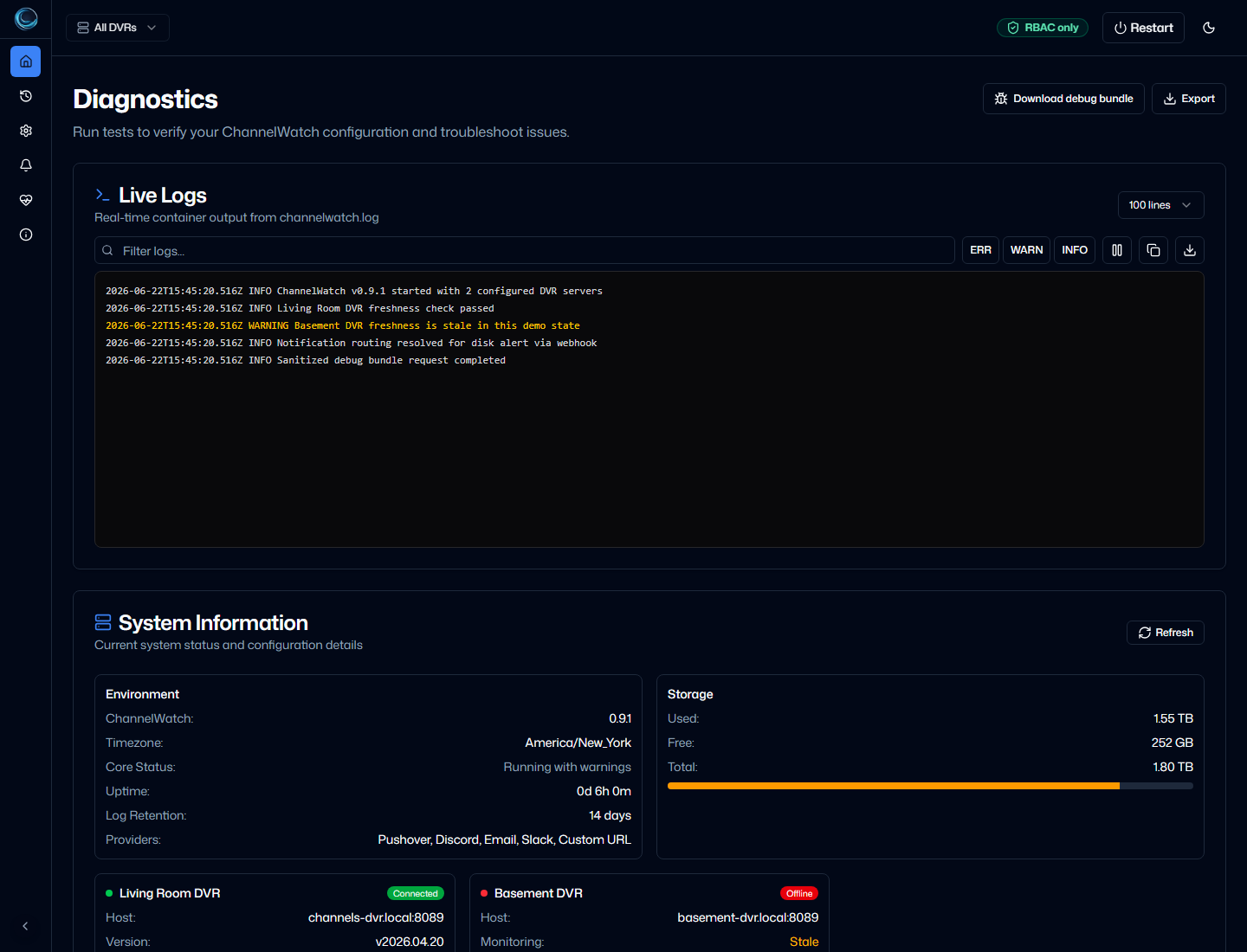 ChannelWatch diagnostics screen showing health summary, multi-DVR status, debug bundle download, log tools, and alert tests