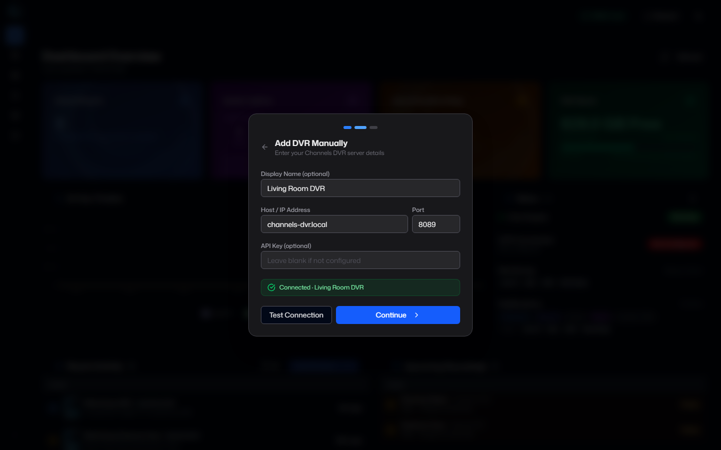 ChannelWatch first-run wizard manual DVR form filled with safe demo values and a successful connection test