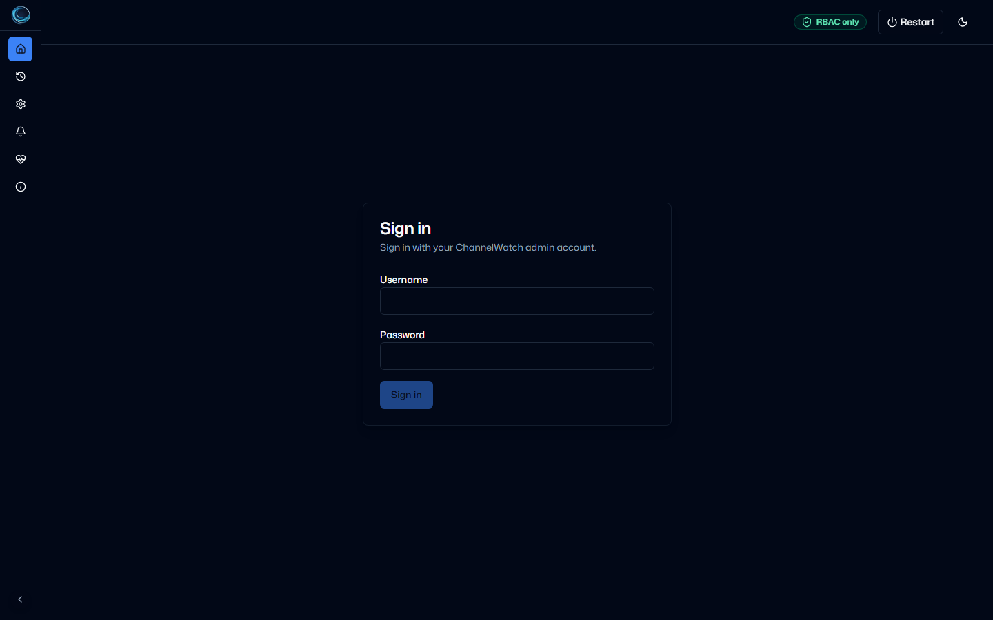 ChannelWatch sign-in screen with username and password fields for RBAC session login