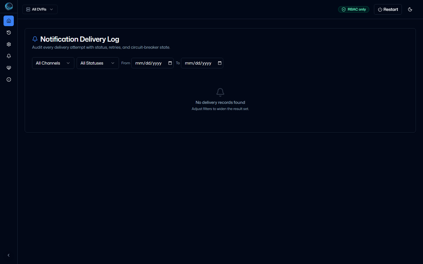 ChannelWatch notification delivery log empty state explaining that no deliveries have been recorded yet