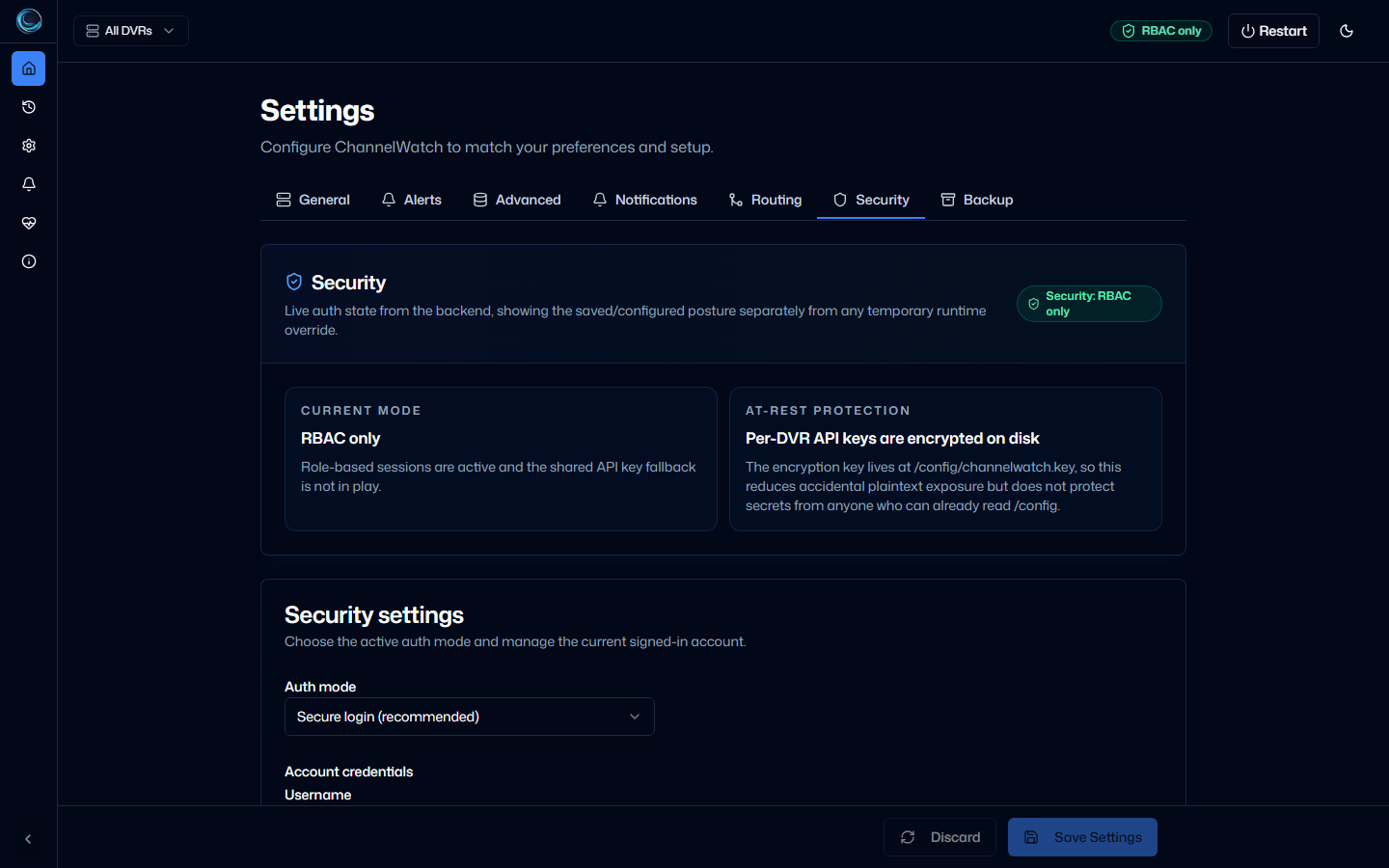 ChannelWatch security settings showing RBAC-only mode, encrypted per-DVR API keys, session availability, and feed token status