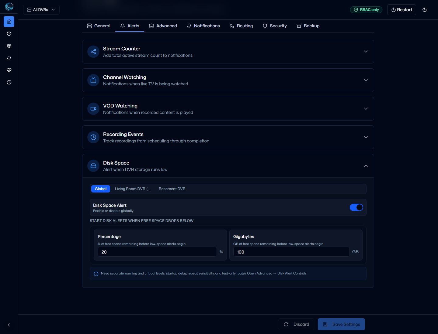 ChannelWatch alerts settings showing Disk Space warning threshold controls and per-DVR alert guidance
