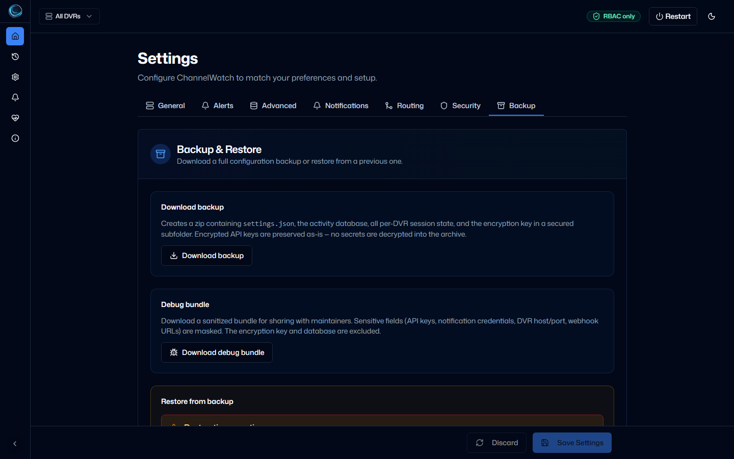 ChannelWatch backup and restore settings with download backup, debug bundle, restore warning, and choose backup file controls