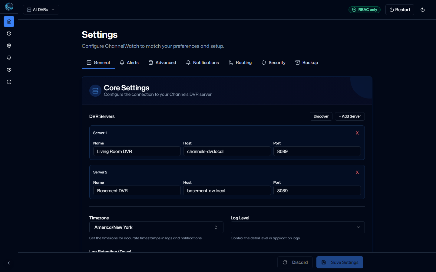 ChannelWatch settings general tab listing Living Room DVR and Basement DVR with host, port, discovery, and add server controls