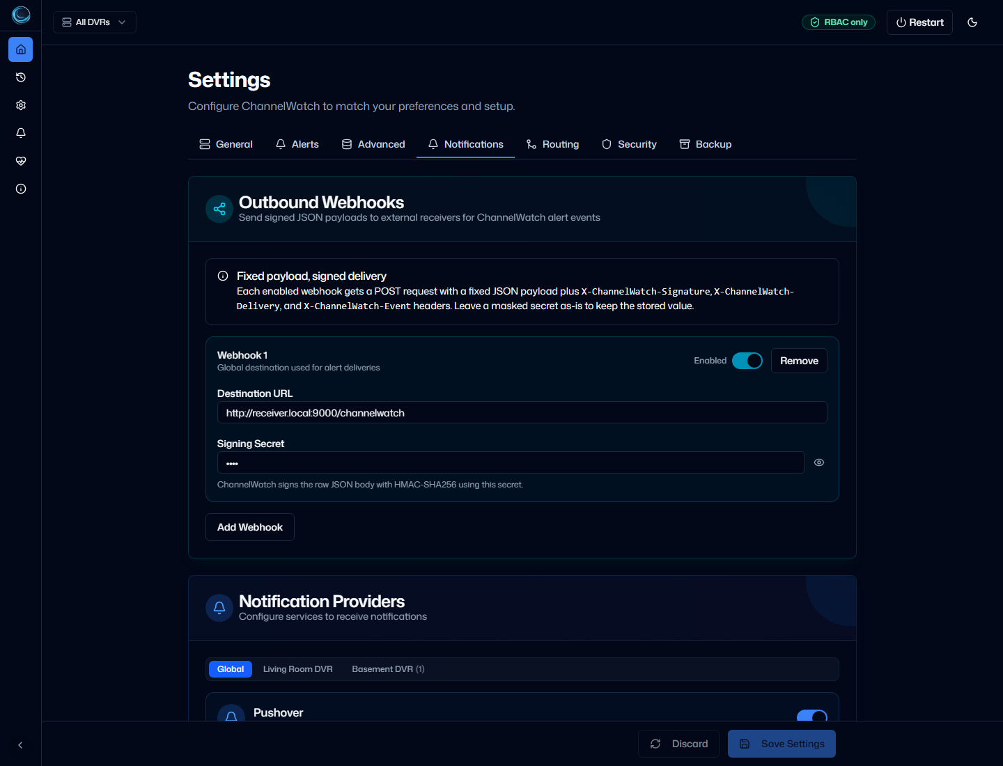 ChannelWatch notifications settings showing signed outbound webhooks and enabled Apprise-backed providers